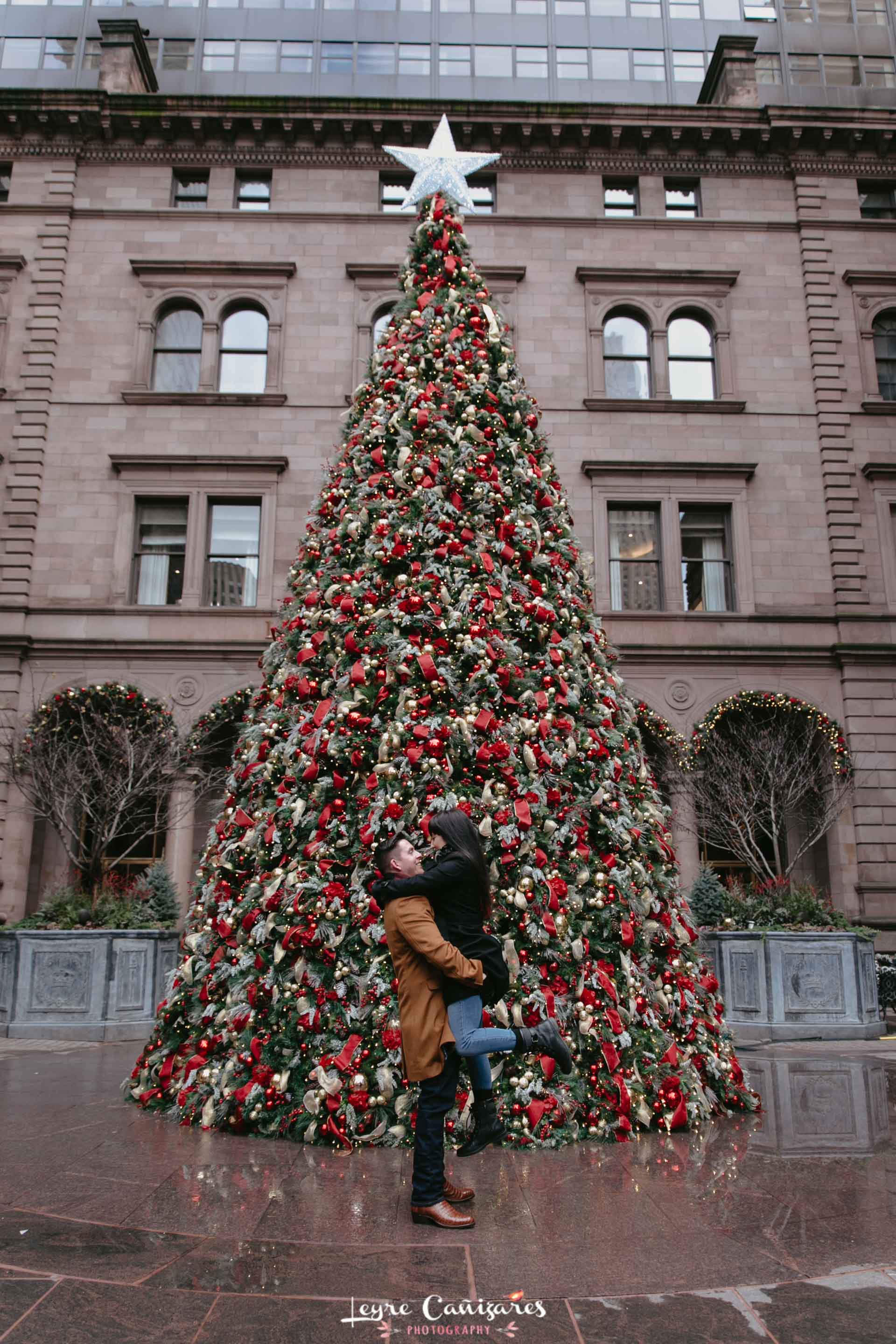 Christmas tree and lights couple photoshoot in new york