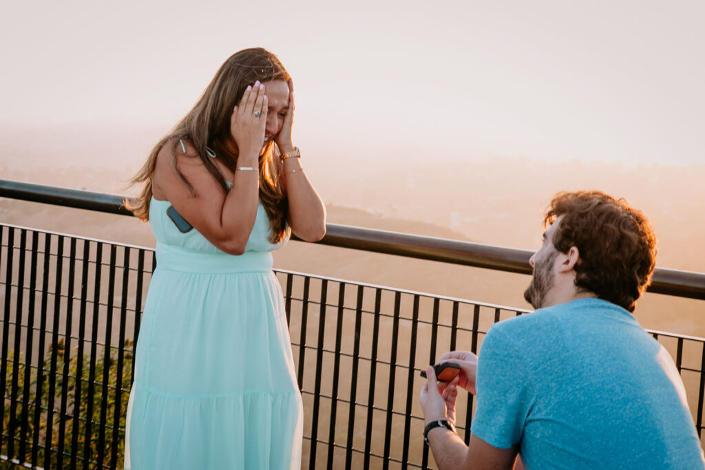 surprise proposal photography at Griffith Observatory at sunset