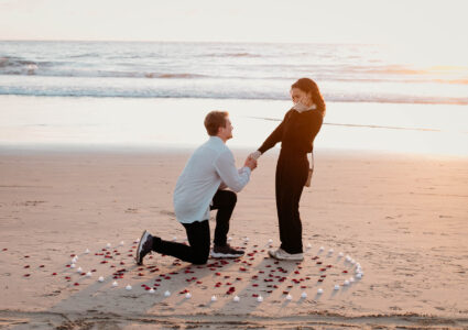 surprise proposal at santa monica beach at sunset