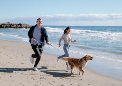 los angeles couple and engagement photoshoot at the beach with a dog